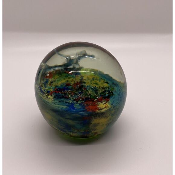 Art Glass 2” Paperweight Colorful Swirl Blue Green Handmade Studio Waves READ - Picture 2 of 4